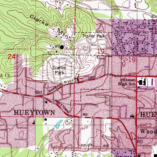 Topographic Map of First Baptist Church of Hueytown, AL