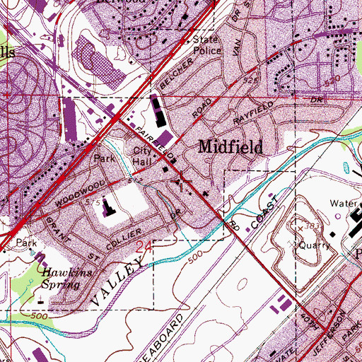 Topographic Map of First Baptist Church of Midfield, AL