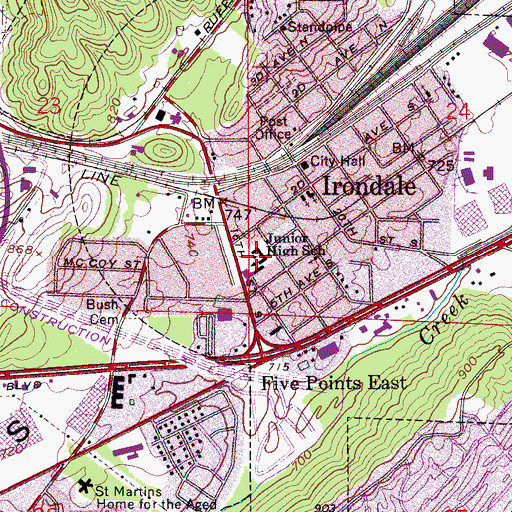 Topographic Map of Irondale Junior High School, AL