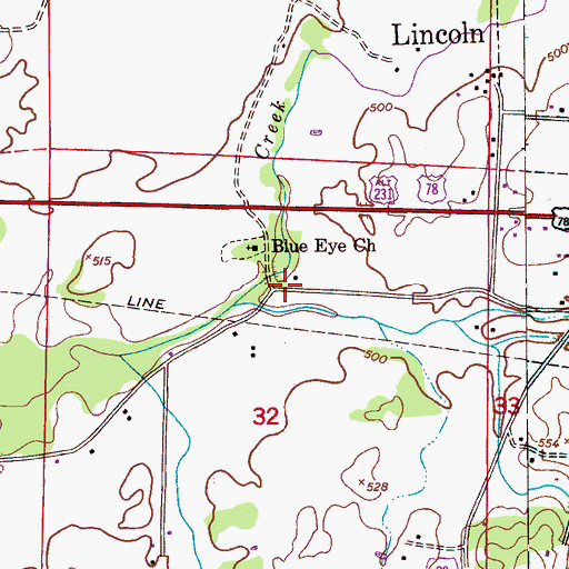 Topographic Map of Blue Eye, AL