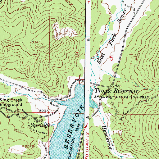 Topographic Map of Tropic Reservoir Dam, UT