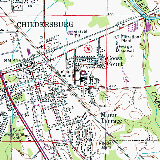 Topographic Map of Childersburg High School, AL
