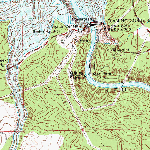 Topographic Map of Flaming Gorge Dam Visitor Center, UT