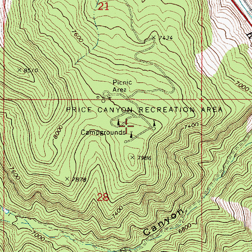 Topographic Map of Price Canyon Campgrounds, UT