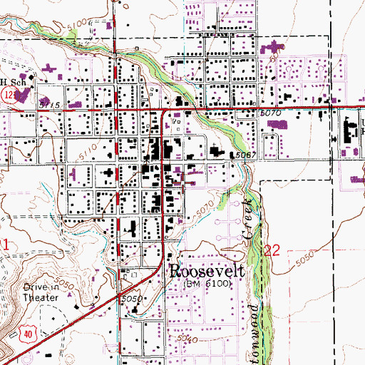 Topographic Map of Roosevelt Post Office, UT