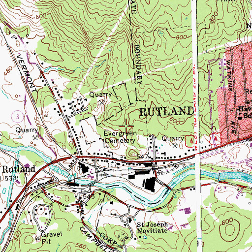Topographic Map of Evergreen Cemetery, VT