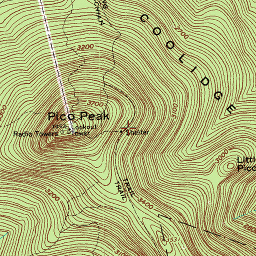 Topographic Map of Pico Trail Shelter, VT