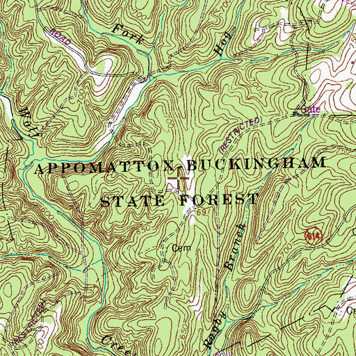 Topographic Map of Appomattox Buckingham State Forest, VA