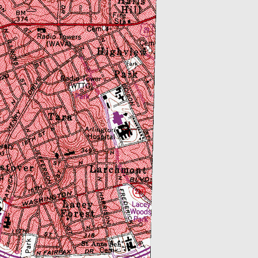 Topographic Map of Virginia Hospital Center, VA