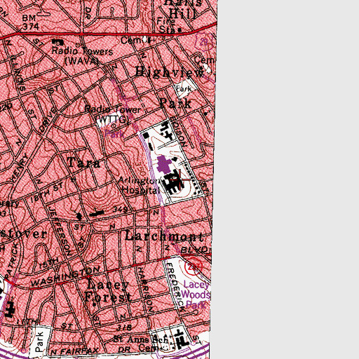 Topographic Map of Virginia Hospital Center, VA