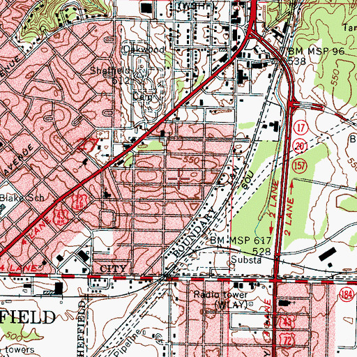 Topographic Map of Sheffield Heights, AL