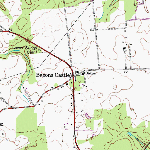 Topographic Map of Bacons Castle, VA