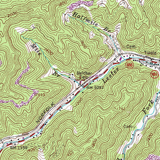 Topographic Map of Belcher Cemetery, VA