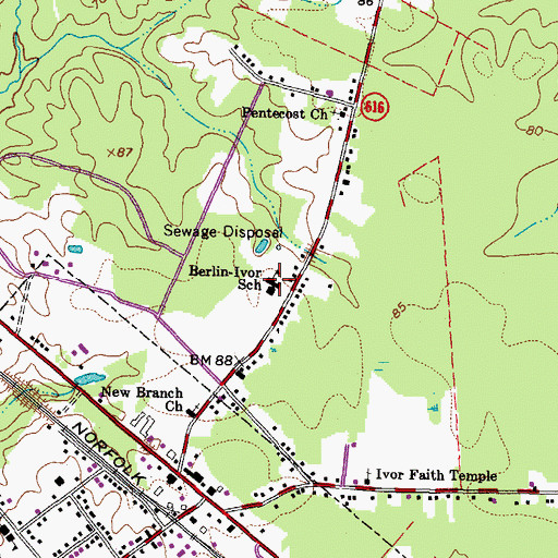 Topographic Map of Ivor Elementary School, VA