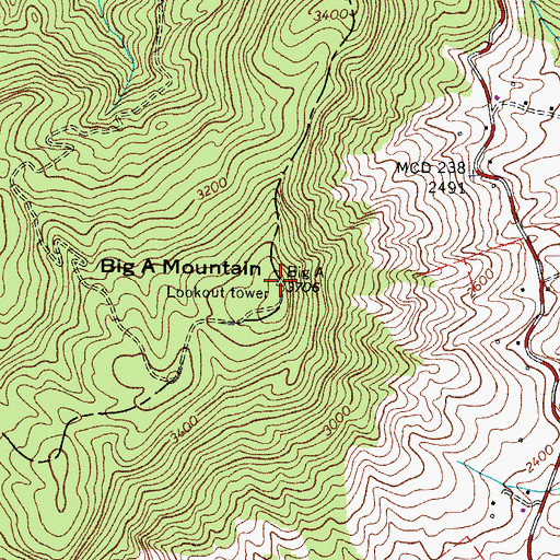 Topographic Map of Big A Mountain, VA