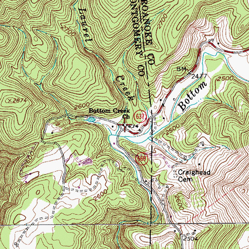 Topographic Map of Bottom Creek Church, VA