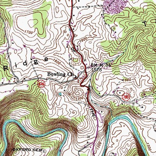 Topographic Map of Bowling Church, VA