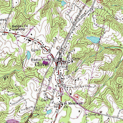 Topographic Map of Clover, VA