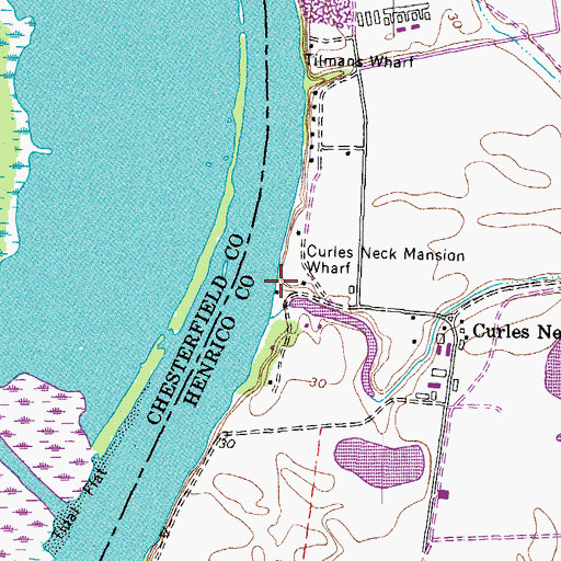 Topographic Map of Curles Neck Mansion Wharf, VA