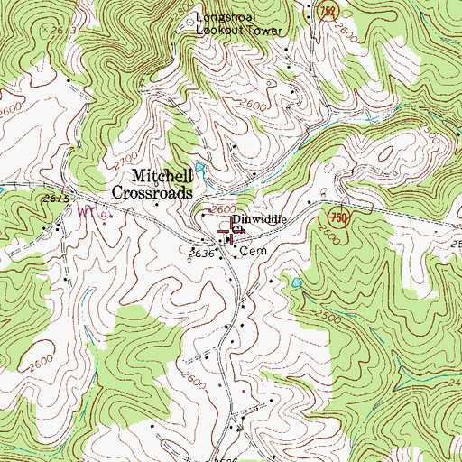 Topographic Map of Dinwiddie Church, VA