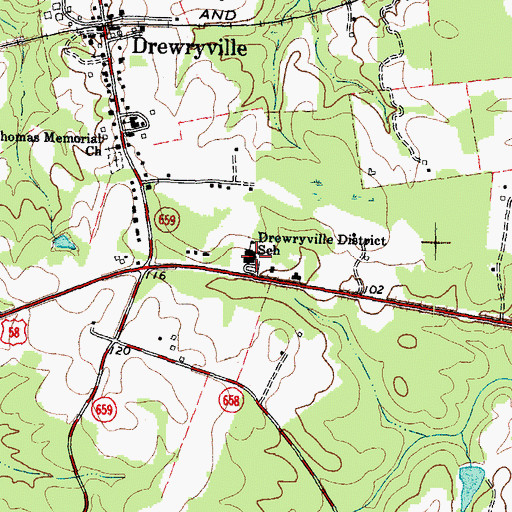 Topographic Map of Drewryville District School, VA