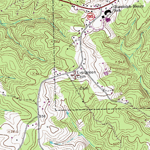 Topographic Map of Evergreen Cemetery, VA