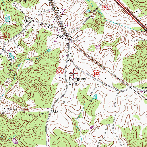 Topographic Map of Evergreen Cemetery, VA