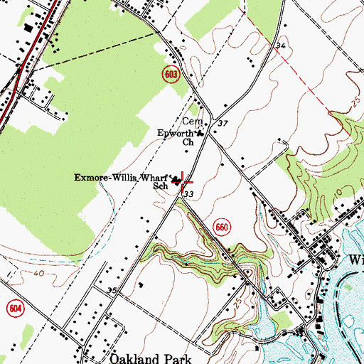 Topographic Map of Exmore-Willis Wharf Elementary School, VA