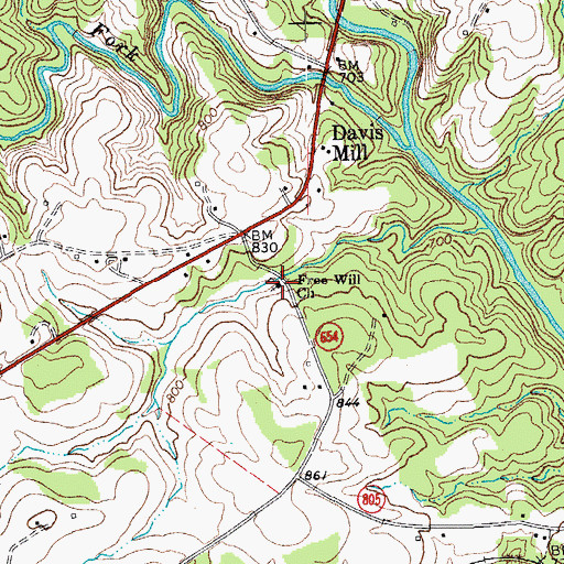 Topographic Map of Free Will Church, VA