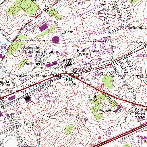 Topographic Map of General Morgan Bridge, VA