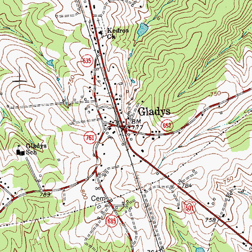 Topographic Map of Gladys, VA