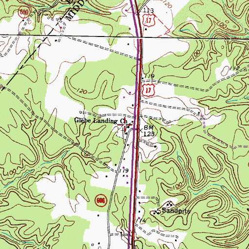 Topographic Map of Glebe Landing Church, VA