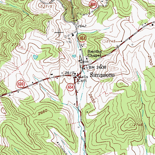 Topographic Map of Halls Cemetery, VA