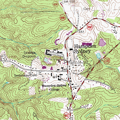 Topographic Map of Hampden - Sydney College, VA