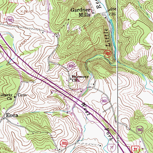 Topographic Map of Harmony Church, VA