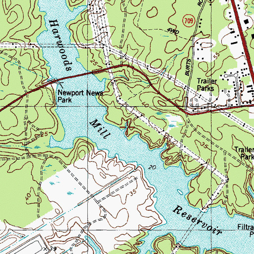 Topographic Map of Harwoods Mill Reservoir, VA