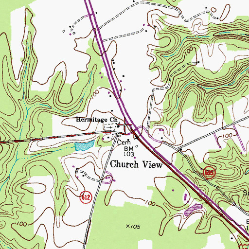 Topographic Map of Hermitage Church, VA