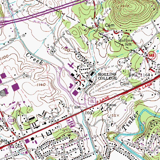 Topographic Map of Hollins University, VA