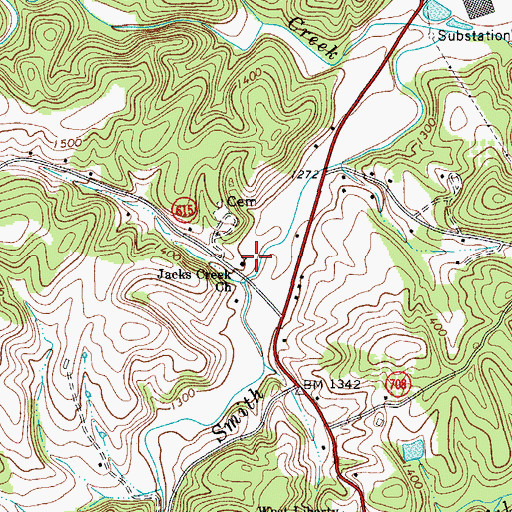 Topographic Map of Jacks Creek Church, VA