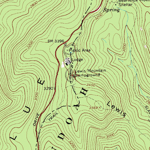 Topographic Map of Lewis Mountain Campground, VA