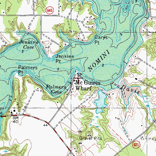 Topographic Map of McGuires Wharf, VA