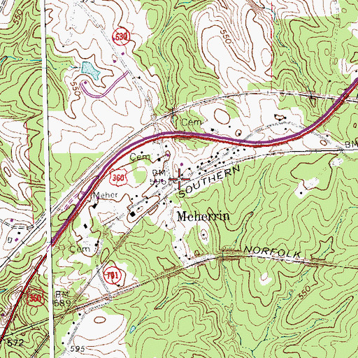 Topographic Map of Meherrin, VA