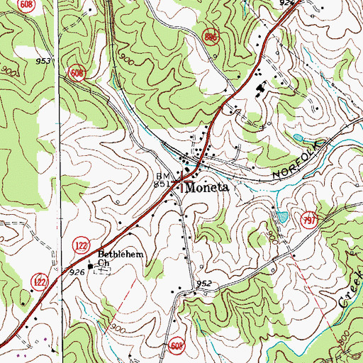 Topographic Map of Moneta, VA