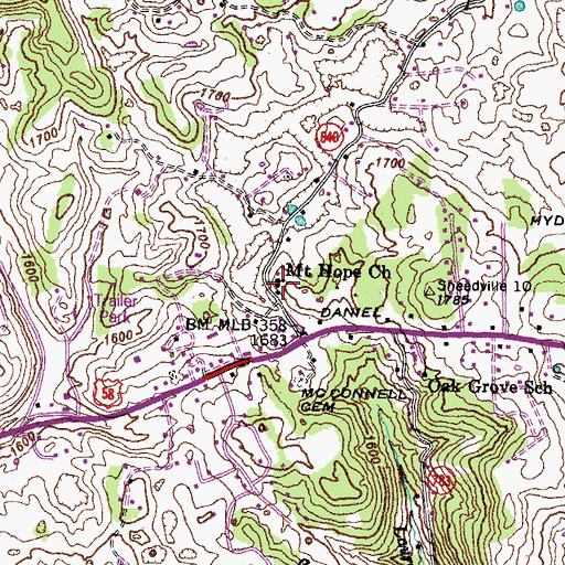 Topographic Map of Mount Hope Church, VA