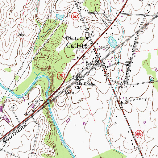 Topographic Map of Oak Shade Church, VA
