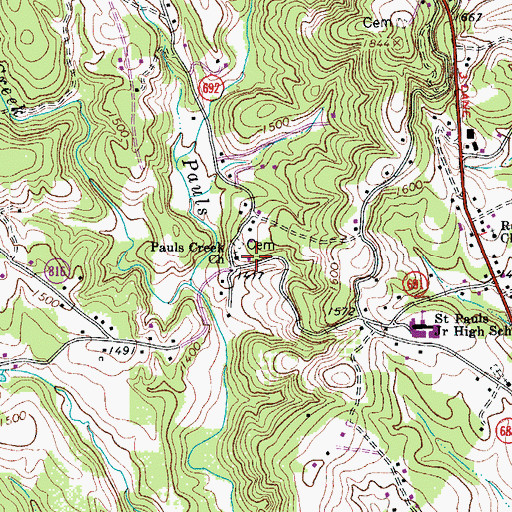 Topographic Map of Pauls Creek Church, VA