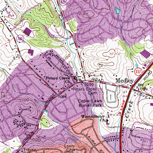 Topographic Map of Peters Creek Church, VA
