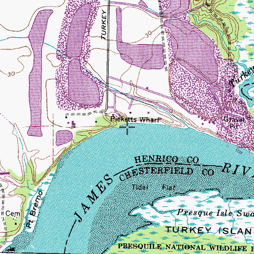 Topographic Map of Picketts Wharf, VA