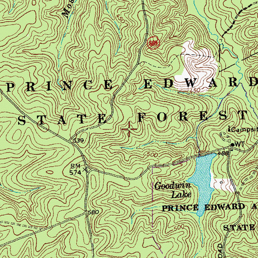 Topographic Map of Prince Edward State Forest, VA