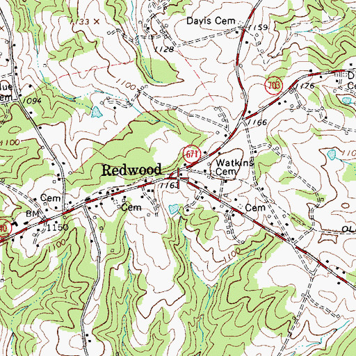 Topographic Map of Redwood, VA